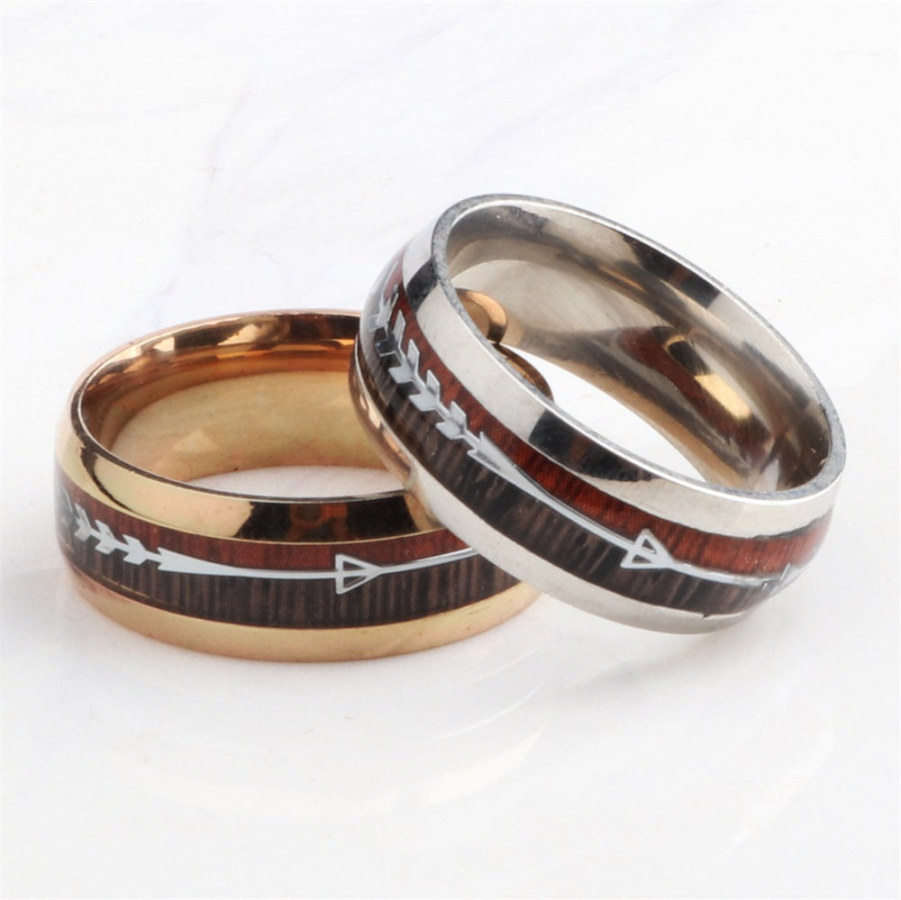 Stainless Steel Wood Grain Arrow Inlaid Men's Ring