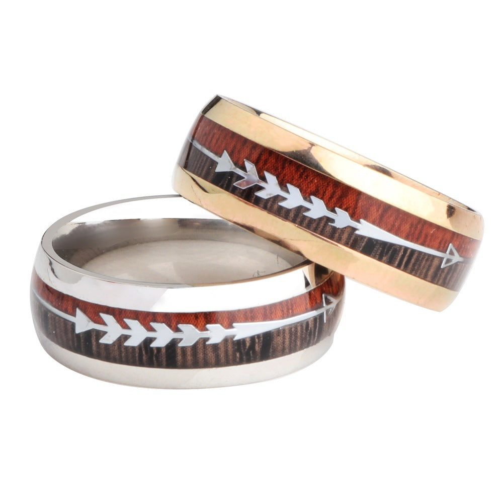 Stainless Steel Wood Grain Arrow Inlaid Men's Ring