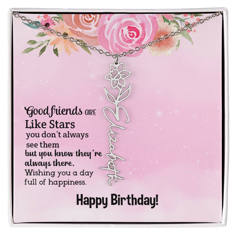 Personalized Name Custom Birth Flower Adjustable Cable Chain Necklace