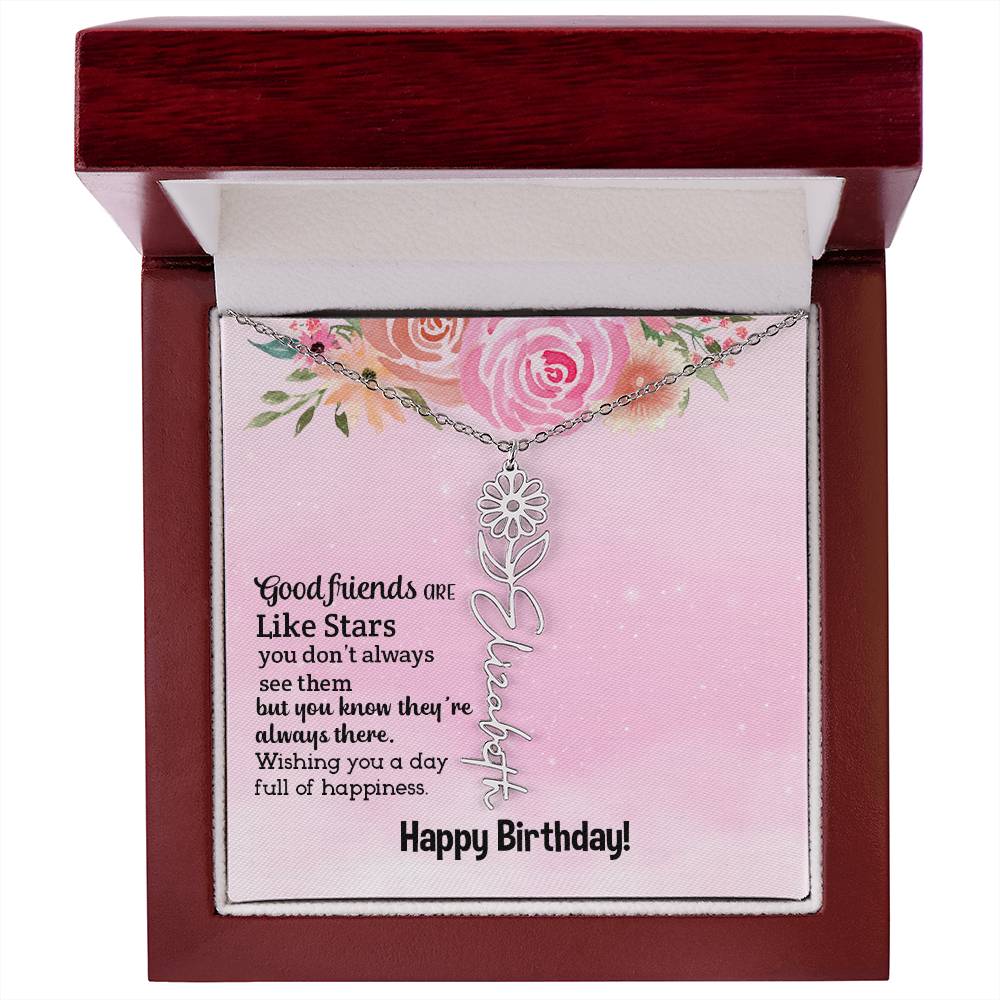 Personalized Name Custom Birth Flower Adjustable Cable Chain Necklace
