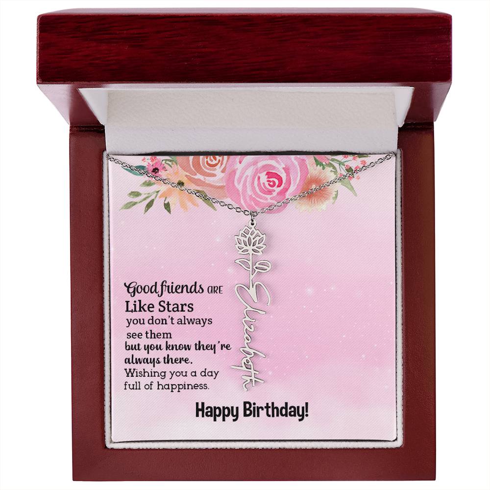 Personalized Name Custom Birth Flower Adjustable Cable Chain Necklace