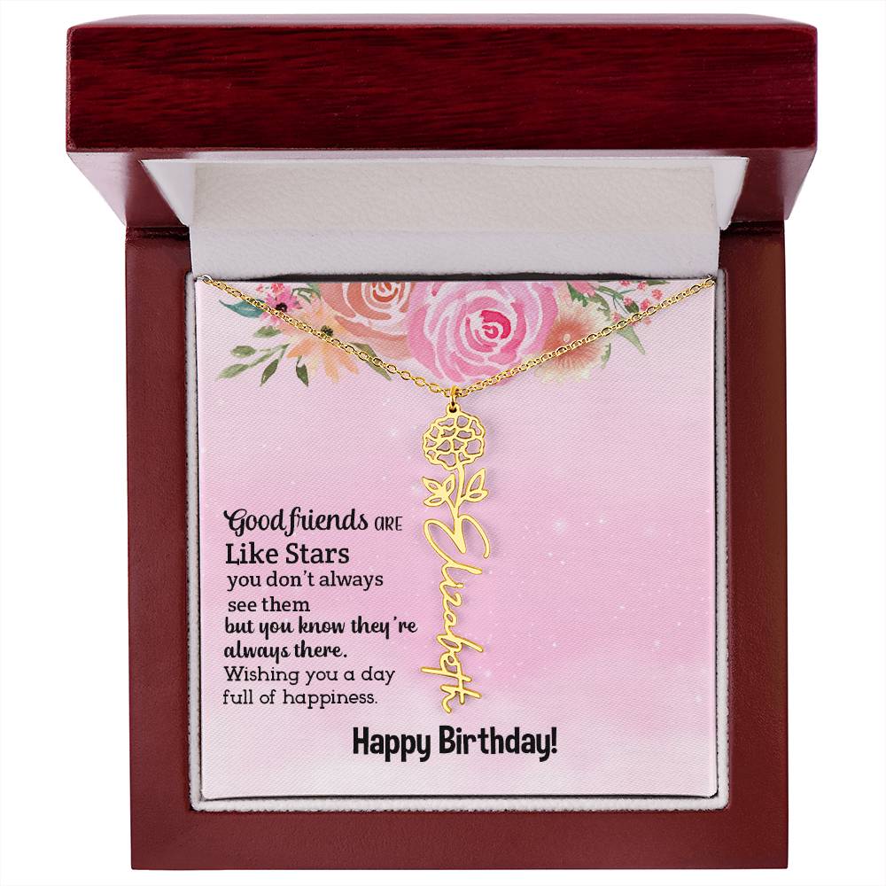 Personalized Name Custom Birth Flower Adjustable Cable Chain Necklace