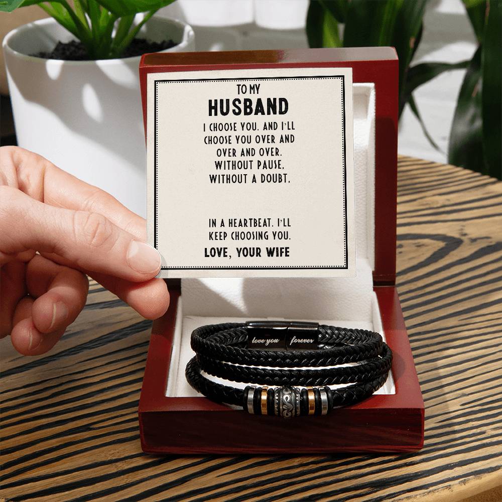 Love You Forever - Stainless Steel Vegan Leather Braided Band with Magnetic Clasp Men's Bracelet