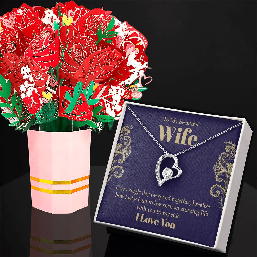Heart Pendent Necklace + Bouquet + Message Wife