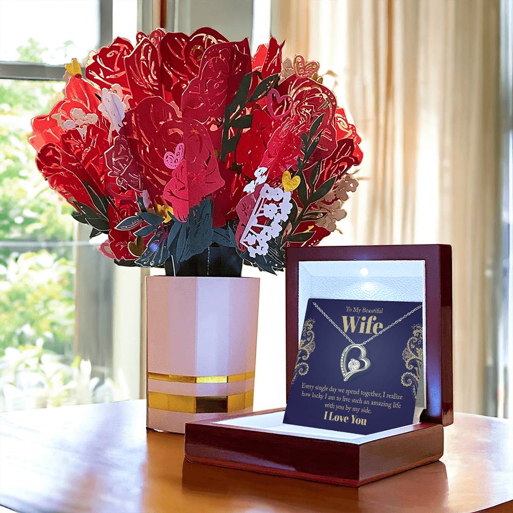 Heart Pendent Necklace + Bouquet + Message Wife