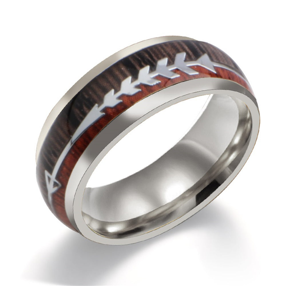Stainless Steel Wood Grain Arrow Inlaid Men's Ring