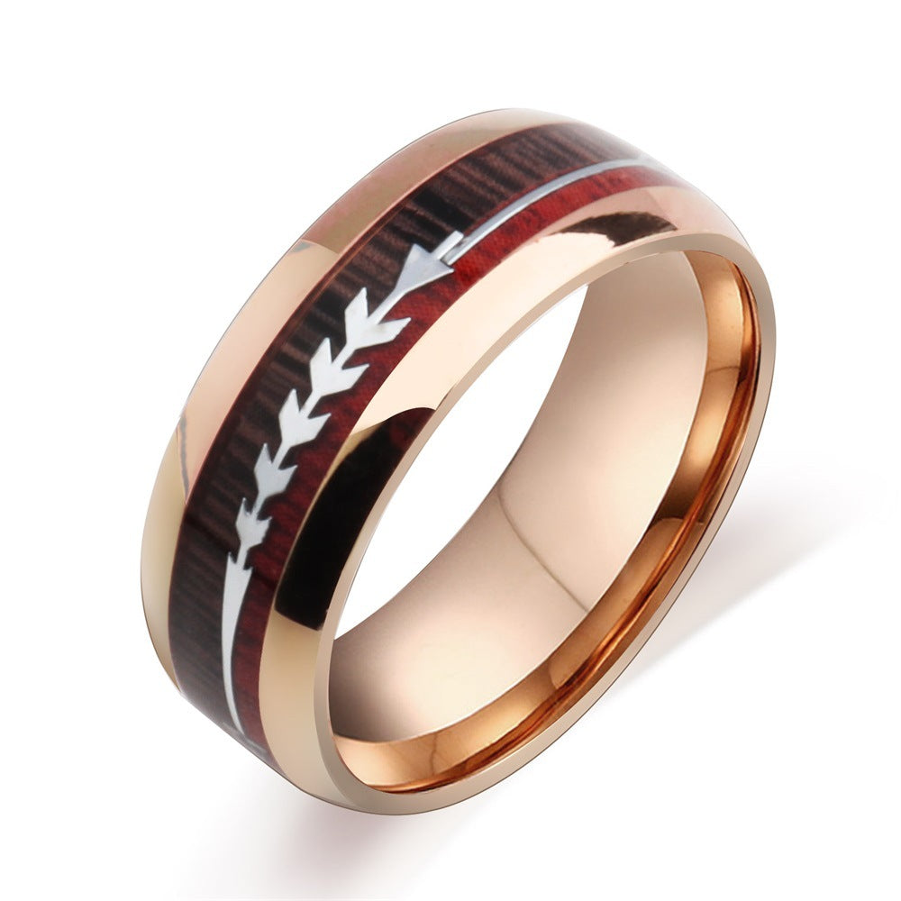 Stainless Steel Wood Grain Arrow Inlaid Men's Ring