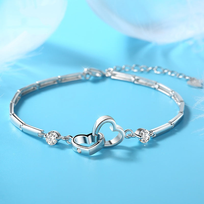 Sterling Silver Interlocking Heart Zircon Bracelets Bangle