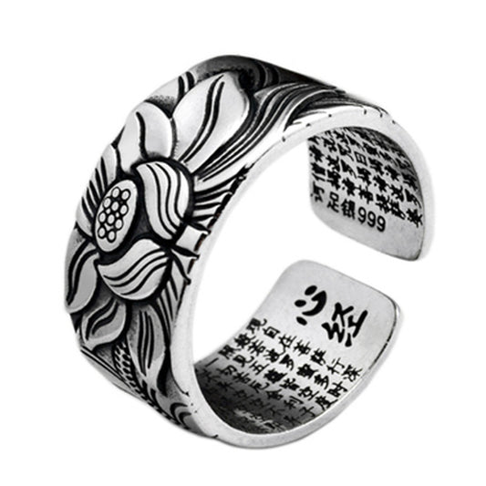 Buddhism Jewelry Silver Plated Prajna Paramita Heart Sutra Lotus Ring