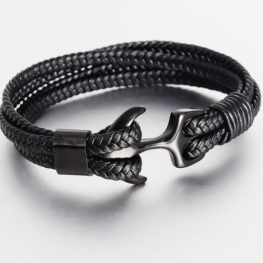 Leather Multilayer Stainless Steel Anchor Woven Men's Bracelet