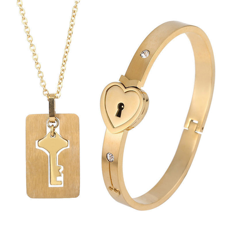 Couple's Bracelet Heart Lock Key Necklace Set