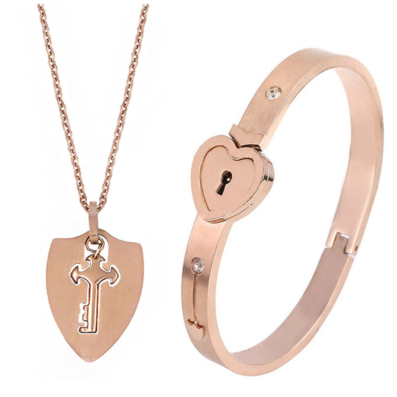 Couple's Bracelet Heart Lock Key Necklace Set