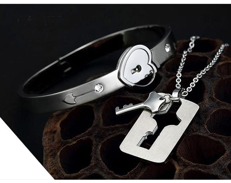 Couple's Bracelet Heart Lock Key Necklace Set