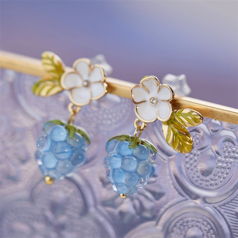 Blue Raspberry Cute Glass Flower Fruit Earrings