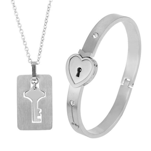 Couple's Bracelet Heart Lock Key Necklace Set