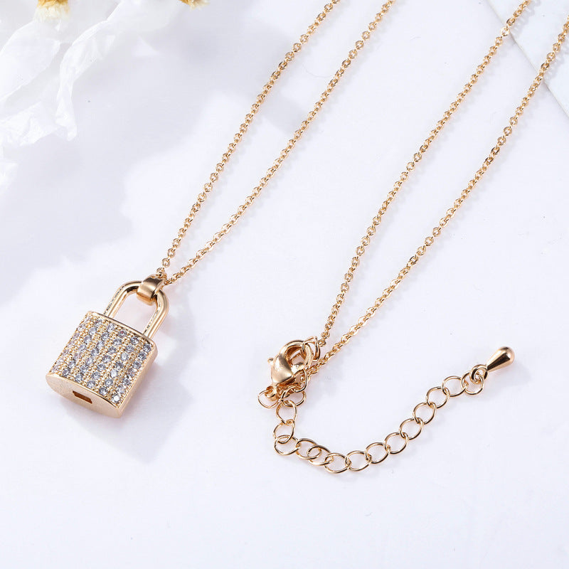 Fashion Trendy Bling Zircon Padlock Necklace