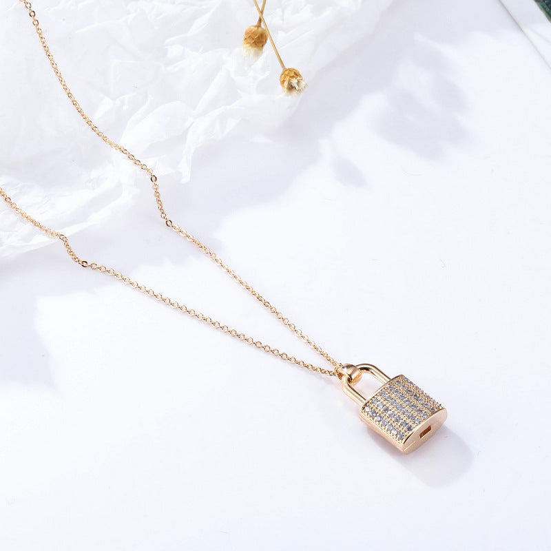 Fashion Trendy Bling Zircon Padlock Necklace