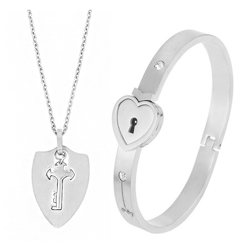 Couple's Bracelet Heart Lock Key Necklace Set