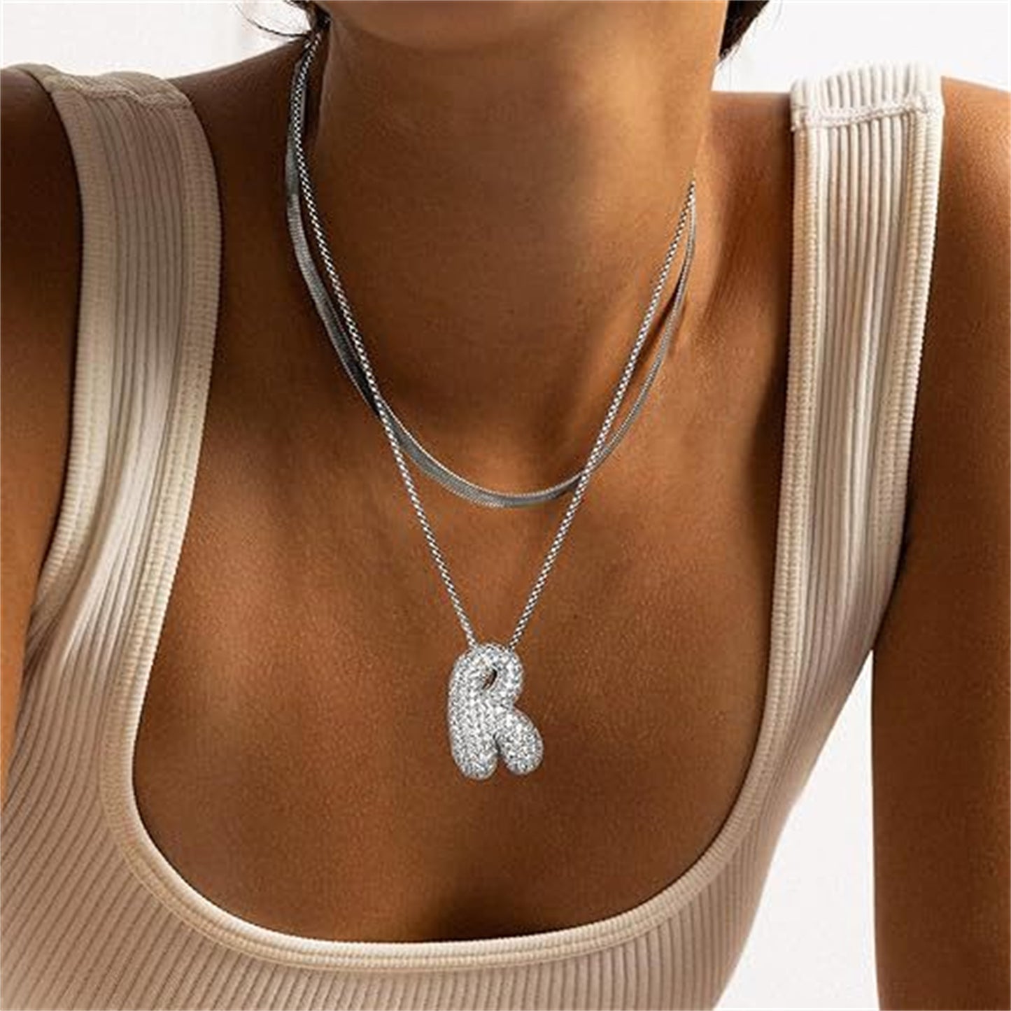 Cubic Zirconia Initial Letter Pendant Necklace in Gold Silver Color