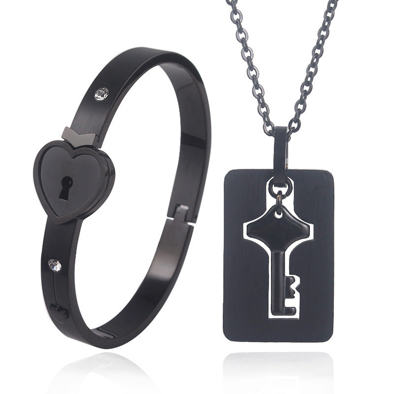 Couple's Bracelet Heart Lock Key Necklace Set