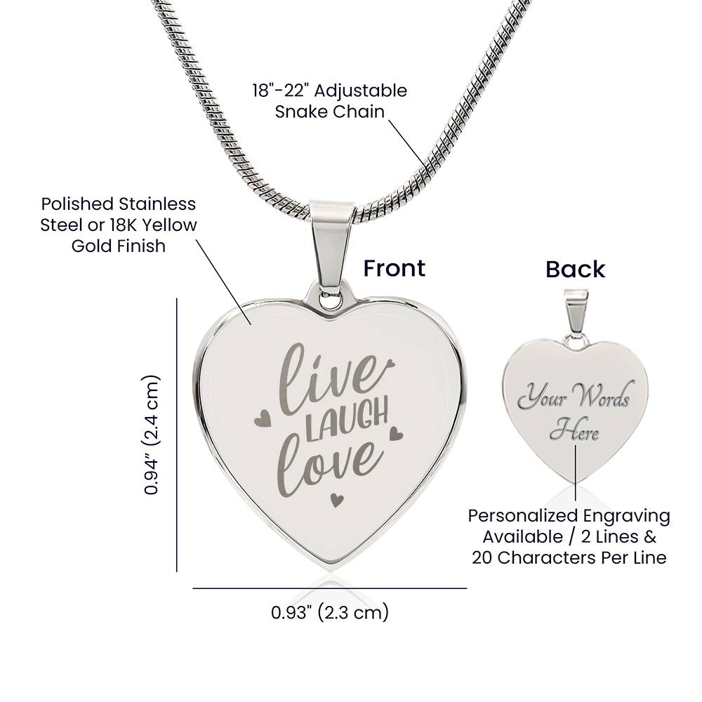 Live Laugh Love Engraved Heart Necklace