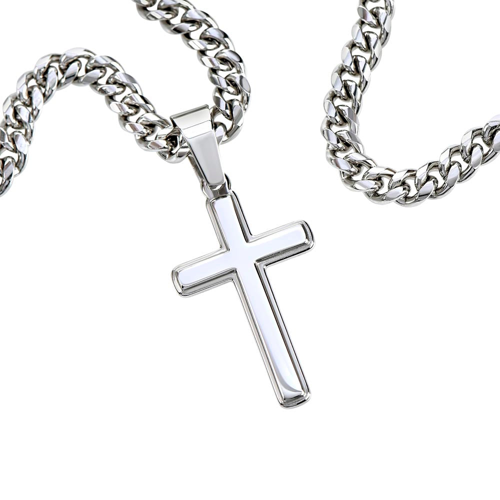 Stainless Steel Engraved Cross - Adjustable Cuban Link Chain Men's Necklace