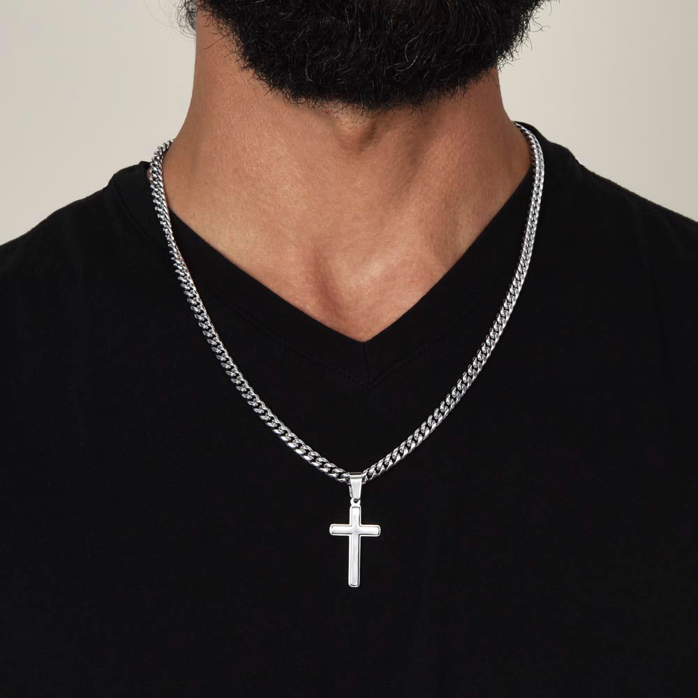 Stainless Steel Engraved Cross - Adjustable Cuban Link Chain Men's Necklace