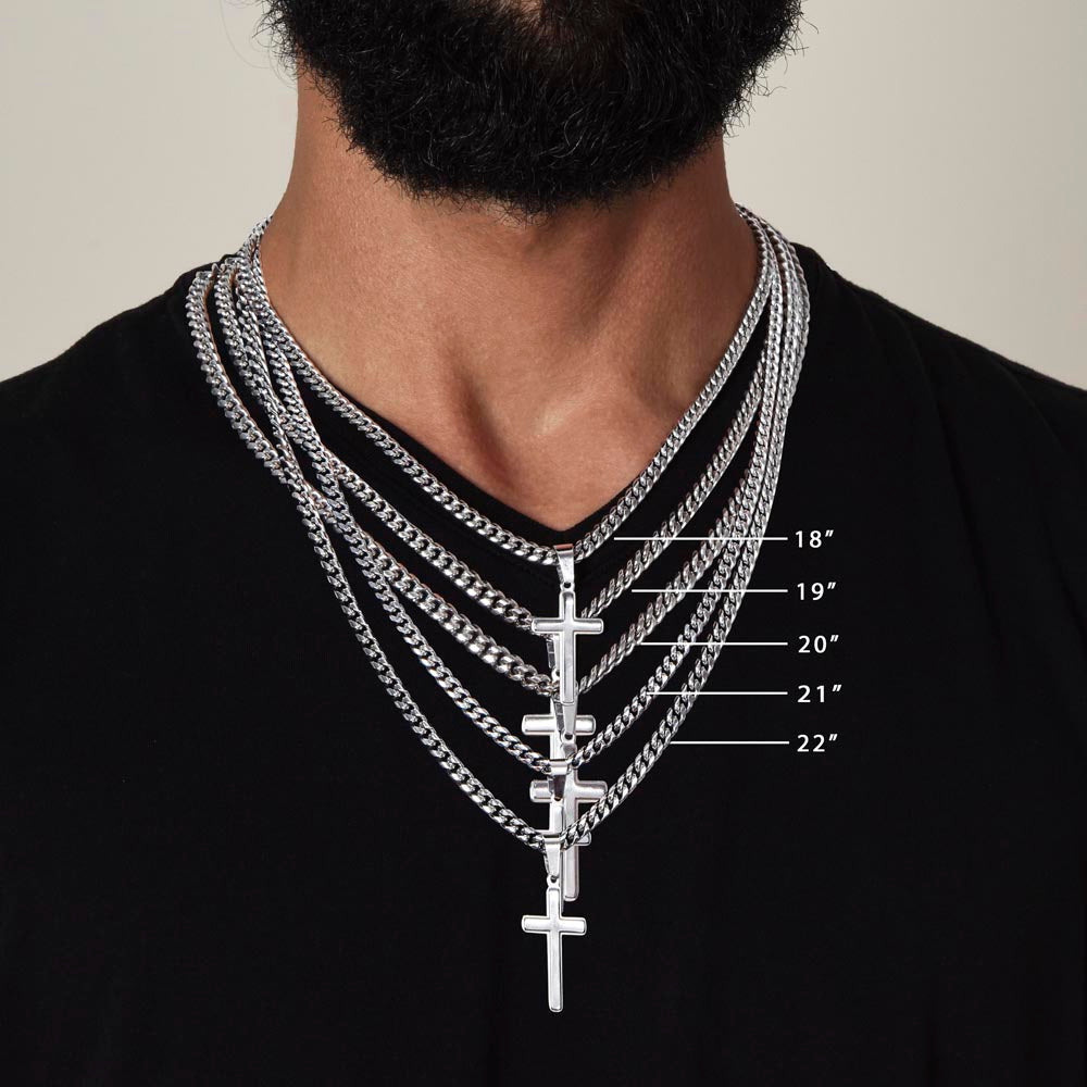 Stainless Steel Engraved Cross - Adjustable Cuban Link Chain Men's Necklace