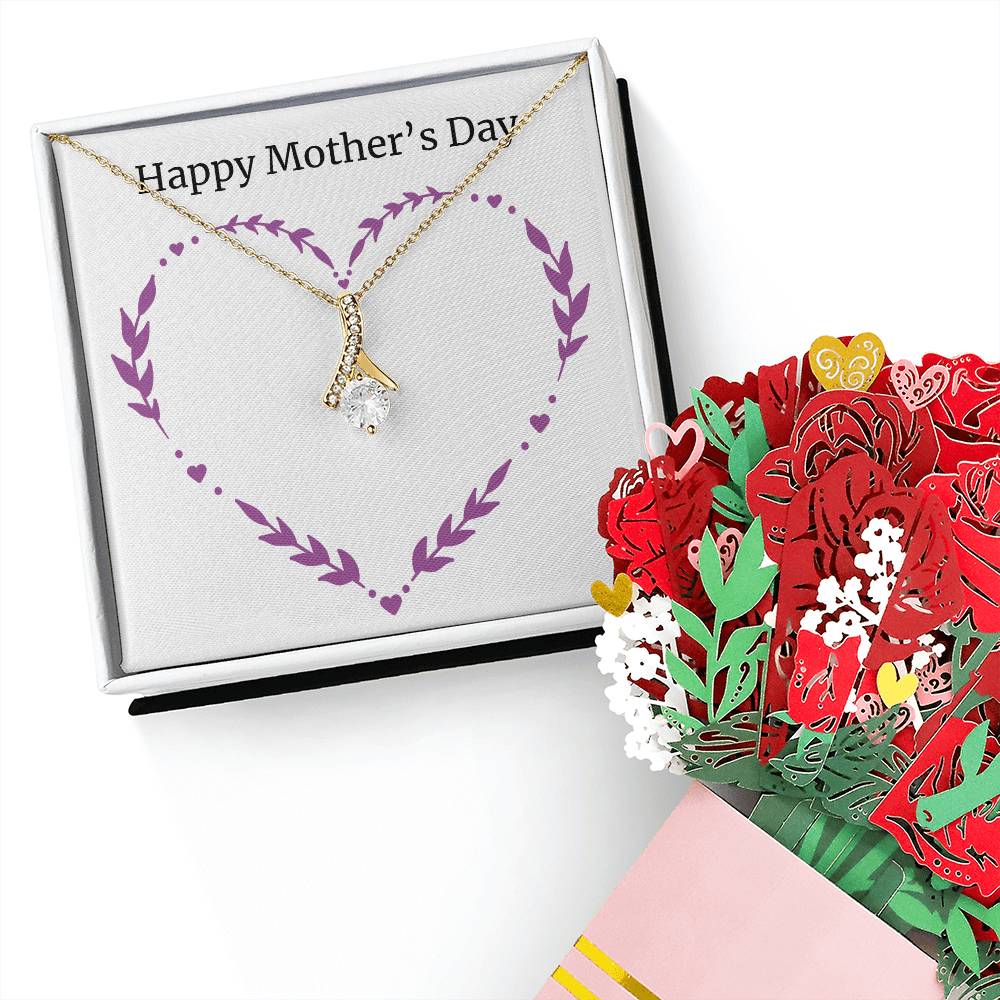 Mother's Day Message Card Zirconia Pendant Chain Necklace with Faux Bouquet