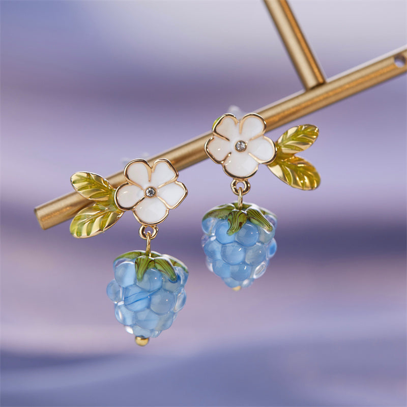 Blue Raspberry Cute Glass Flower Fruit Earrings