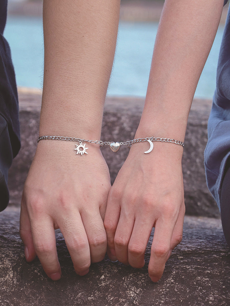 Stainless Steel Sun Moon Heart Magnet Bracelet for Couple