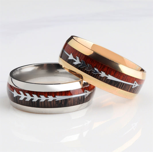 Stainless Steel Wood Grain Arrow Inlaid Men's Ring