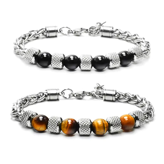 Natural Stone Bead Stainless Steel Men's Bracelet