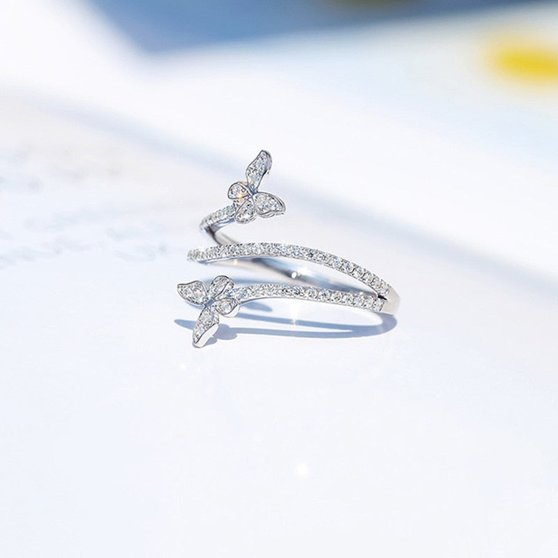 Silver Double Butterfly CZ Ring