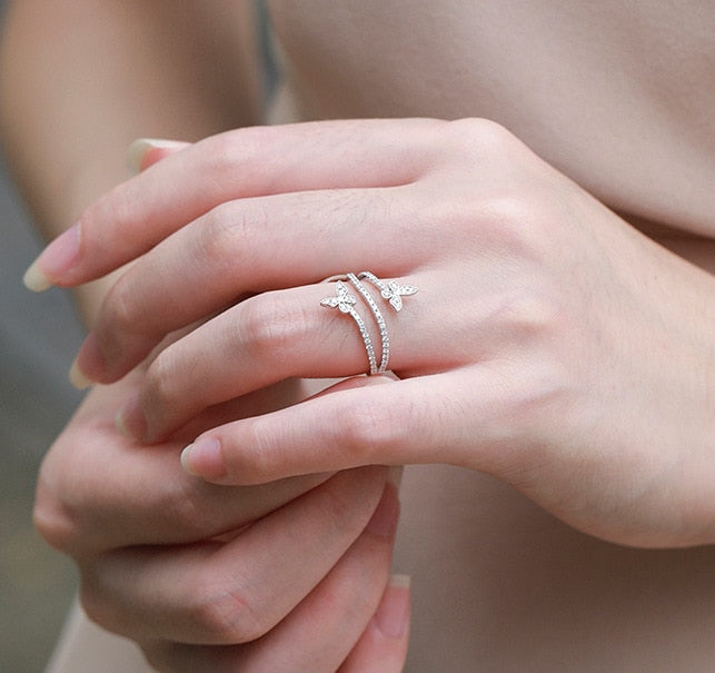 Silver Double Butterfly CZ Ring